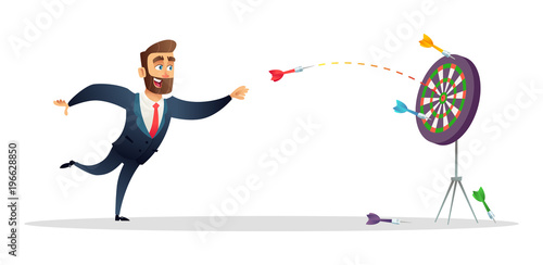 Businessman makes a dart throw on the target. The concept of persistence in business.