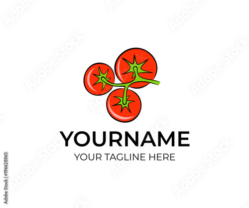 Red tomatoes in bunch on branch isolated logo template. Farm vegetables, natural organic product vector design. Vegetarian food and agricultural illustration