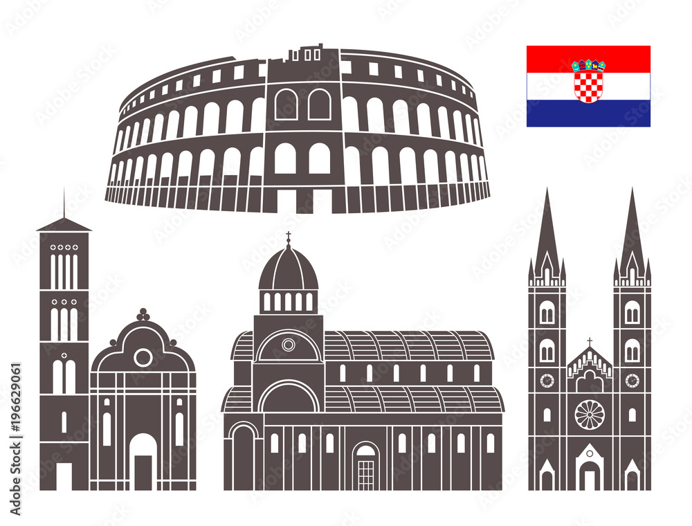 Croatia set. Isolated Croatia architecture on white background