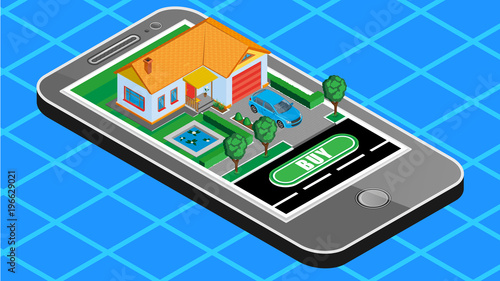 Vector isometric illustration of a mobile phone on the screen of which is your dream house which you want to buy.