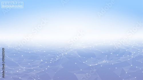 Design of an abstract background surface of lines of points and triangles. Glow on the gorizonte. Plexus design. Vector illustration