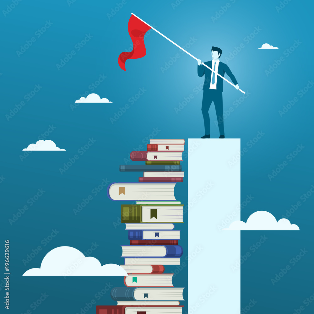 Businessman With a Target Goal Flag. Concept of Reading Will iMprove Businessman Business Skill or Knowledge, Flat Vector. Businessman With a Target Goal Flag. Concept of Reading Will iMprove Businessman Business Skill or Knowledge, Flat Vector.