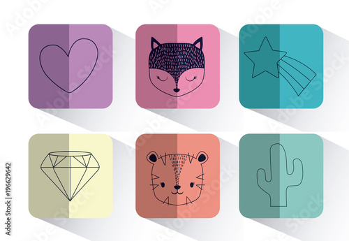 Icon set of cute animals over colorful squares and  white background, vector illustration photo