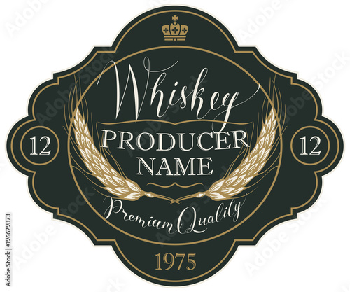 Vector label for whiskey in the figured frame with crown, ears of barley and handwritten inscription on black background in retro style