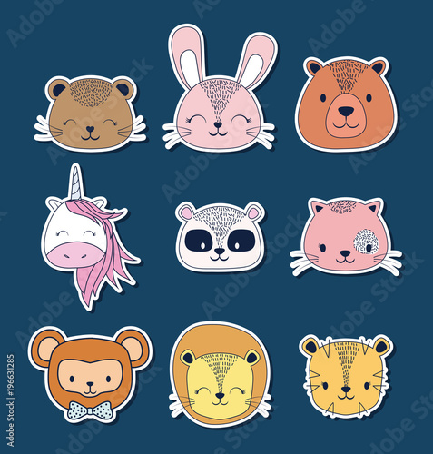 Icon set of cute animals over blue background, colorful design. vector illustration