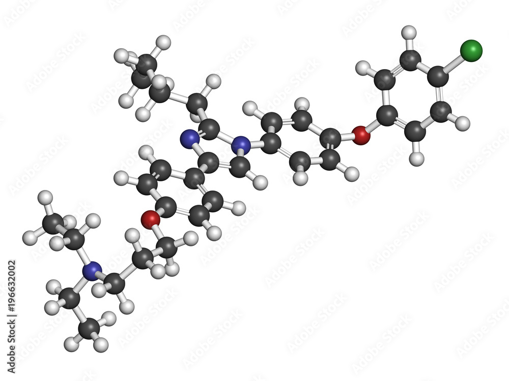 Azeliragon Alzheimer's disease drug molecule. 3D rendering. Atoms are represented as spheres with conventional color coding: Azeliragon Alzheimer's disease drug molecule. 3D rendering. Atoms are represented as spheres with conventional color coding: