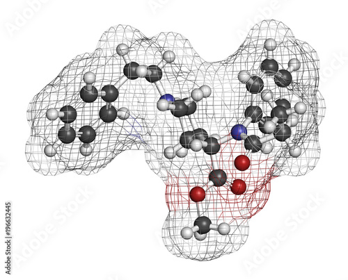 Carfentanil (carfentanyl) synthetic opioid drug molecule. 3D rendering. Atoms are represented as spheres with conventional color coding: hydrogen (white), carbon (grey), nitrogen (blue), oxygen (red).