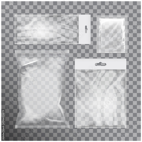 Set of blank transparent foil bag packaging for food, snack, coffee, cocoa, sweets, crackers, chips, nuts, sugar. Vector plastic pack mock up