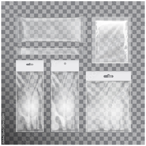 Set of transparent foil bag packaging for food, snack, coffee, cocoa, sweets, crackers, chips, nuts, sugar. Vector plastic pack mock up