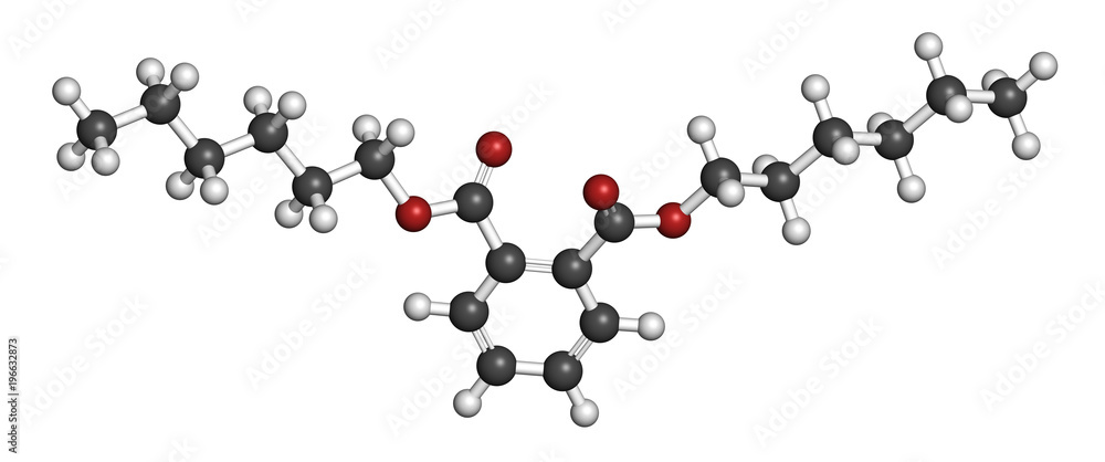 Di-n-hexyl phthalate (DNHP) plasticizer molecule. 3D rendering. Atoms are represented as spheres with conventional color coding: hydrogen (white), carbon (grey), oxygen (red). Di-n-hexyl phthalate (DNHP) plasticizer molecule. 3D rendering. Atoms are represented as spheres with conventional color coding: hydrogen (white), carbon (grey), oxygen (red).