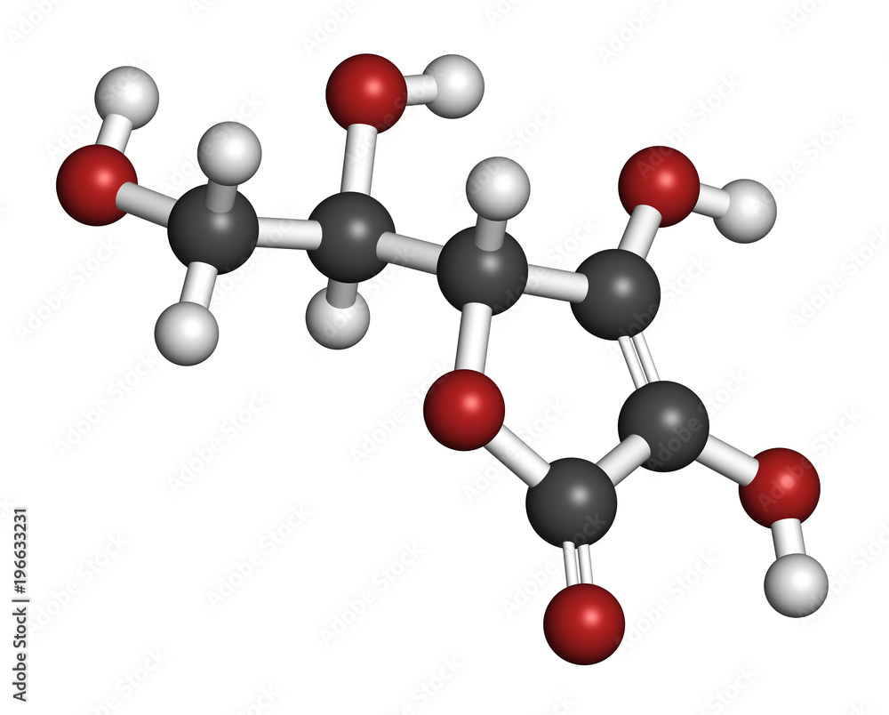 Erythorbic acid food preservative molecule (antioxidant). 3D rendering. Atoms are represented as spheres with conventional color coding: hydrogen (white), carbon (grey), oxygen (red). Erythorbic acid food preservative molecule (antioxidant). 3D rendering. Atoms are represented as spheres with conventional color coding: hydrogen (white), carbon (grey), oxygen (red).