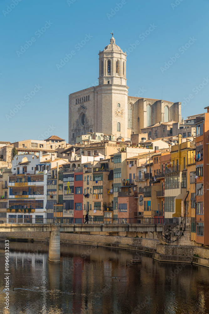 Girona postcard view from viewpoint at the Princess Brindge or Pont d'en Gomez and the river Onyar
