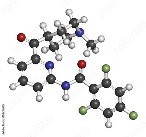 Lasmiditan migraine drug molecule. 3D rendering. Atoms are represented as spheres with conventional color coding. photo