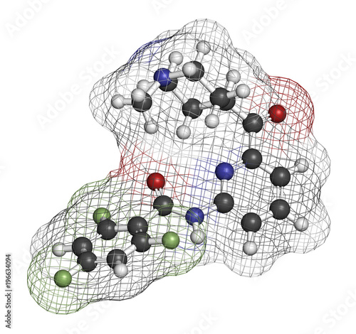 Lasmiditan migraine drug molecule. 3D rendering. Atoms are represented as spheres with conventional color coding. photo