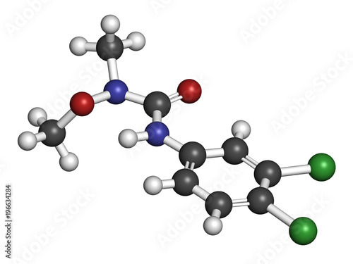 Linuron herbicide molecule. 3D rendering. Atoms are represented as spheres with conventional color coding: hydrogen (white), carbon (grey), oxygen (red), nitrogen (blue), chlorine (green).