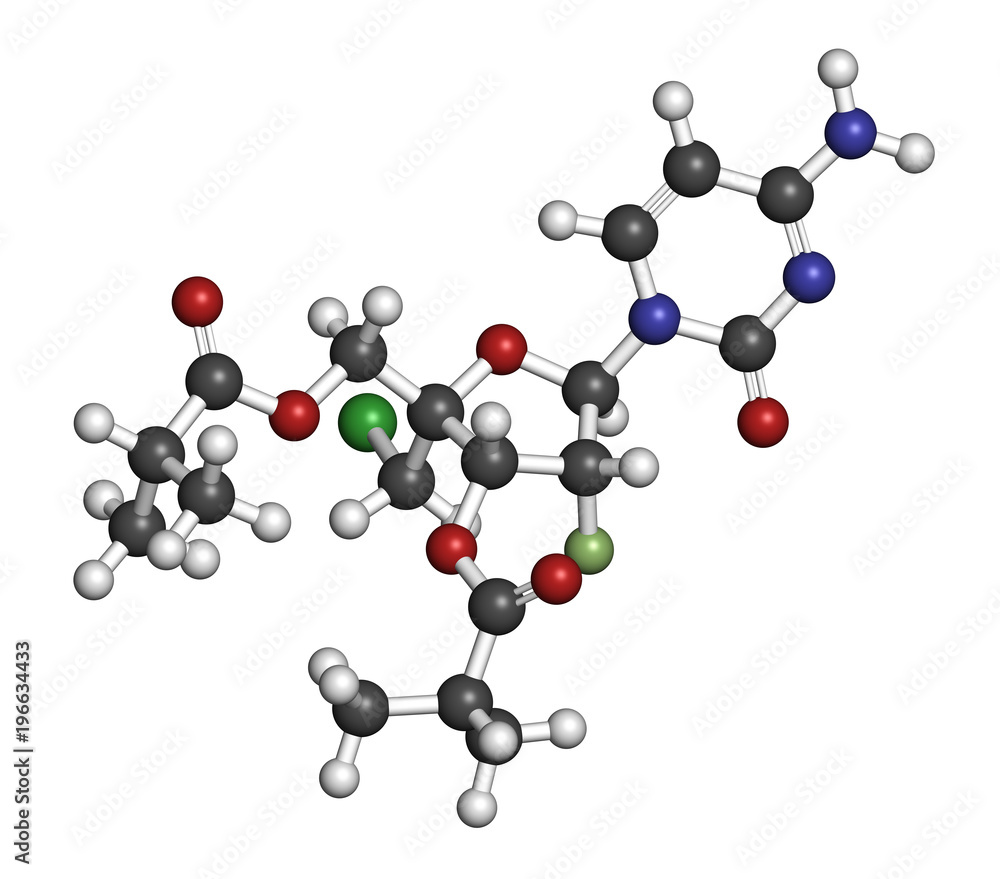 Lumicitabine RSV drug molecule. 3D rendering. Atoms are represented as spheres with conventional color coding.