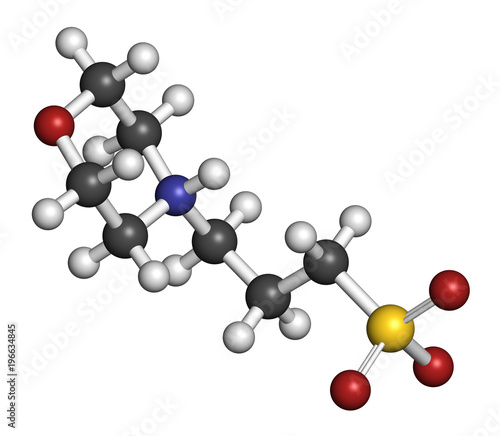 MOPS buffering agent molecule. 3D rendering. Atoms are represented as spheres with conventional color coding: hydrogen (white), carbon (grey), oxygen (red), nitrogen (blue), sulfur (yellow).