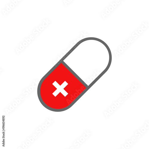 Red and white pill with cross. Vector icon.