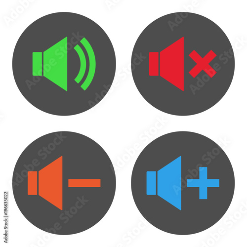 Sound volume control buttons set. Mute, unmute, quieter, louder icons in circle. Vector.