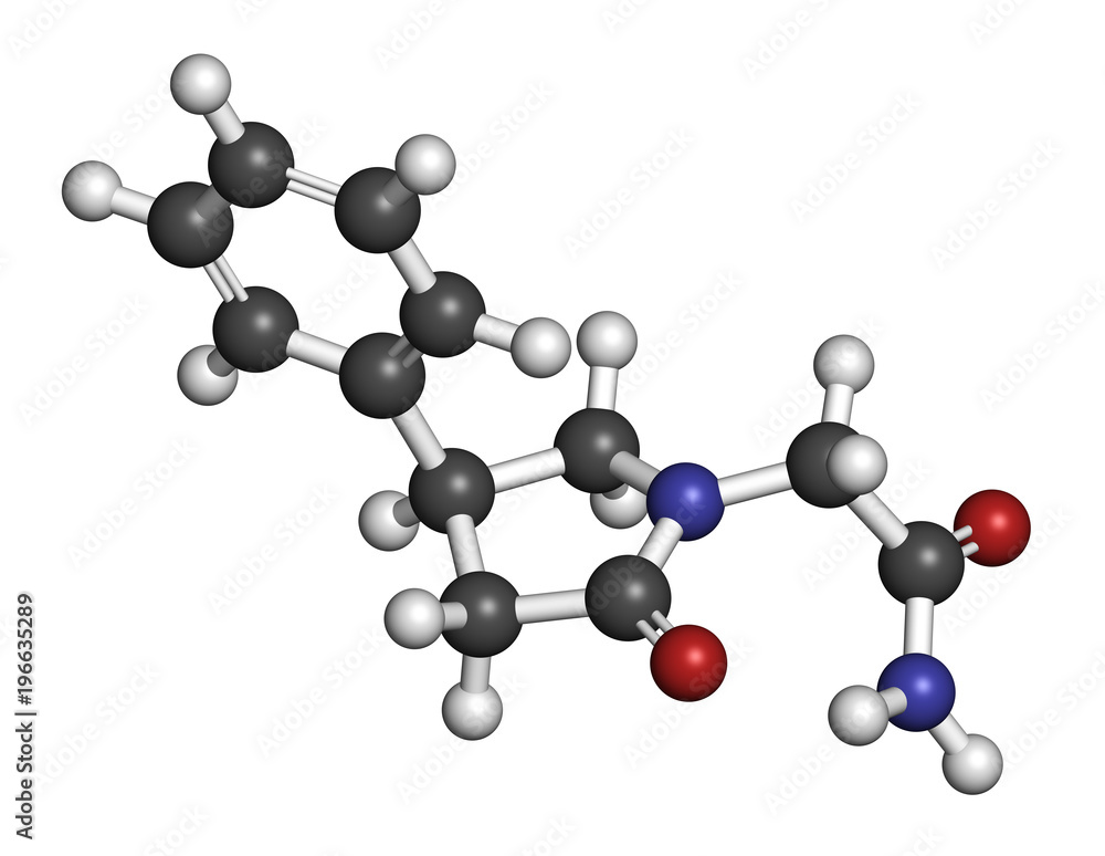 Phenylpiracetam drug molecule. 3D rendering. Atoms are represented as spheres with conventional color coding: hydrogen (white), carbon (grey), oxygen (red), nitrogen (blue). Phenylpiracetam drug molecule. 3D rendering. Atoms are represented as spheres with conventional color coding: hydrogen (white), carbon (grey), oxygen (red), nitrogen (blue).