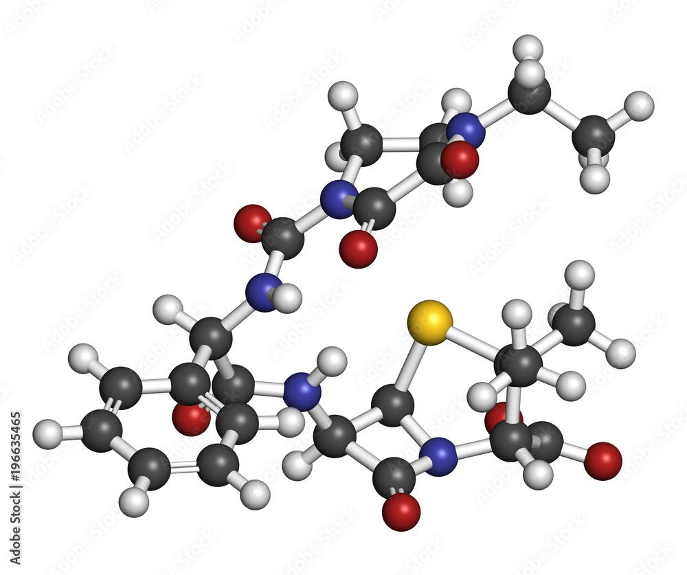 Piperacillin antibiotic drug molecule. 3D rendering. Atoms are represented as spheres with conventional color coding: hydrogen (white), carbon (grey), nitrogen (blue), oxygen (red), sulfur (yellow). Piperacillin antibiotic drug molecule. 3D rendering. Atoms are represented as spheres with conventional color coding: hydrogen (white), carbon (grey), nitrogen (blue), oxygen (red), sulfur (yellow).
