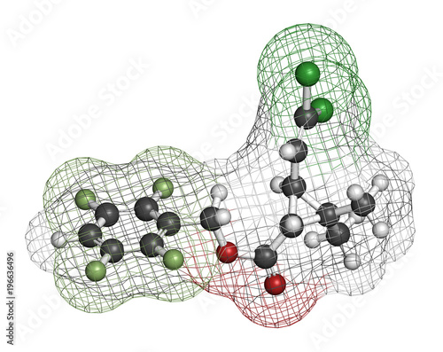 Transfluthrin insecticide molecule. 3D rendering. Atoms are represented as spheres with conventional color coding. photo