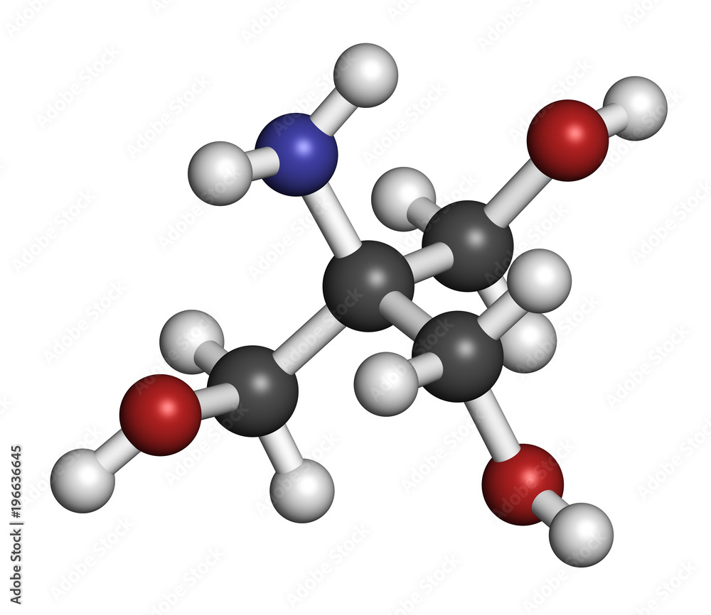 Tris buffering agent molecule. Also known as tromethamine. 3D rendering. Atoms are represented as spheres with conventional color coding. Tris buffering agent molecule. Also known as tromethamine. 3D rendering. Atoms are represented as spheres with conventional color coding.