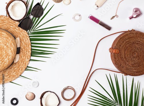 Summer vacation accessories on the white background