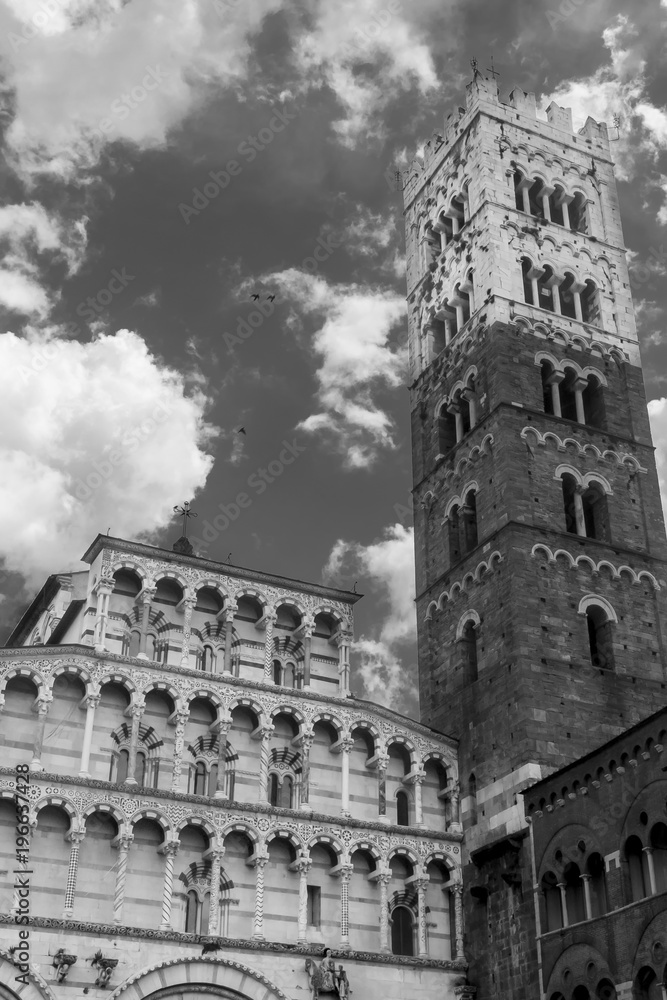The Cathedral of San Martino in black and white, Lucca, Tuscany, Italy