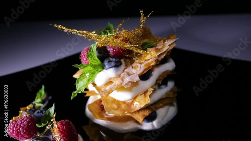 French Berry dessert with whipped cream and fresh berries and caramel