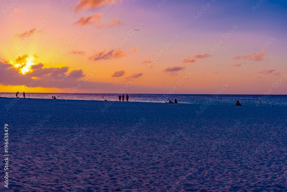 Obraz premium panorama of the Aruba island of the Caribbean with white sand and palm trees in the tropical scenery of the Netherlands Antilles at sunset