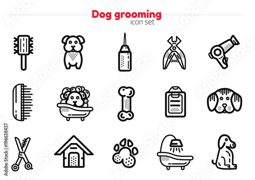 Set of dog grooming Line art Icons with sign of dog, bone, clipper, comb. Stylish animal equipment for your design