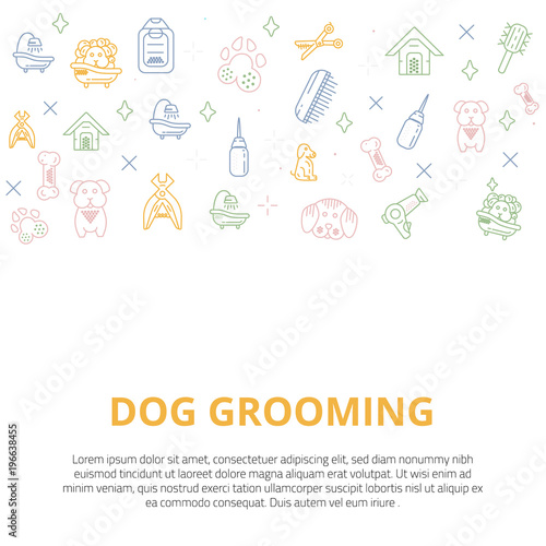 Dog grooming Line art banner with sign of dog, bone, clipper, comb. Stylish animal equipment for your promo design