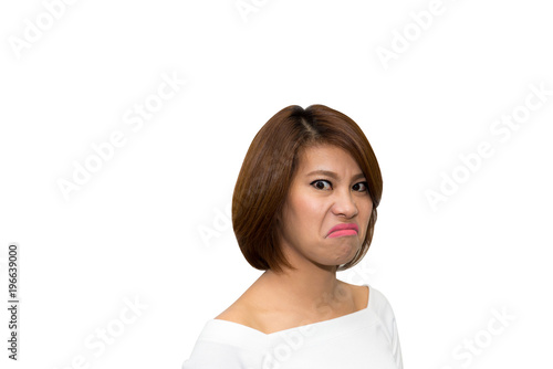 Beautiful asian woman make up angry face on white background, clipping path