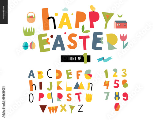 Kids flat alphabet set - Happy easter latin font - letters and digits