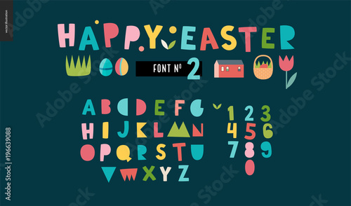 Kids flat alphabet set - Happy easter latin font - letters and digits