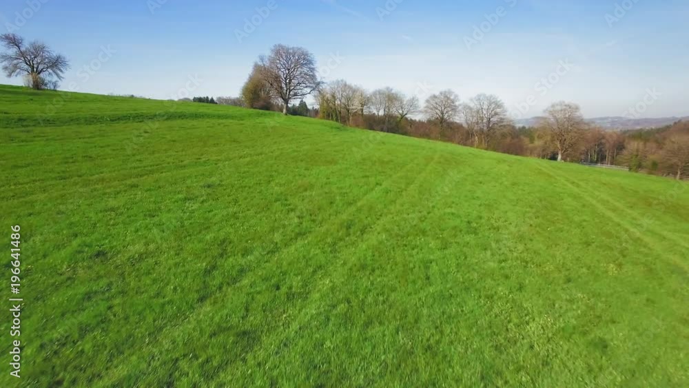 4K Iconic countryside aerial shot. Gentle flight over a green grass field - trees in the background 4K Iconic countryside aerial shot. Gentle flight over a green grass field - trees in the background