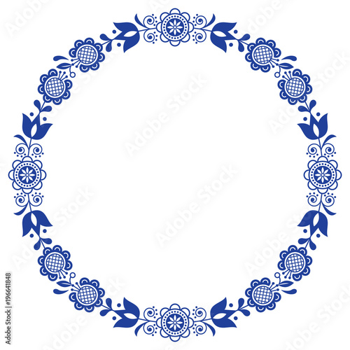 Scandinavian folk art floral werteth, vector ornamental round frame, design with flowers in circle, ethnic composition 