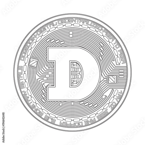 Crypto currency black coin with black dogecoin symbol on obverse isolated on white background. Vector illustration. Use for logos, print products, page and web decor or other design.