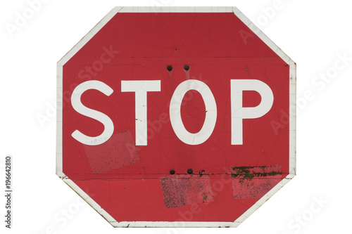 Road sign 'Stop and give way' isolated on white photo