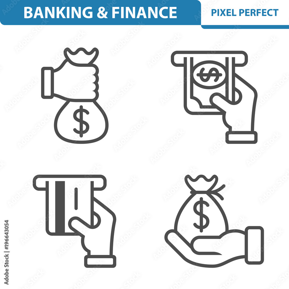 Banking and Finance Icons. Professional, pixel perfect icons depicting various banking, finance and money concepts. EPS 8 format. Banking and Finance Icons. Professional, pixel perfect icons depicting various banking, finance and money concepts. EPS 8 format.
