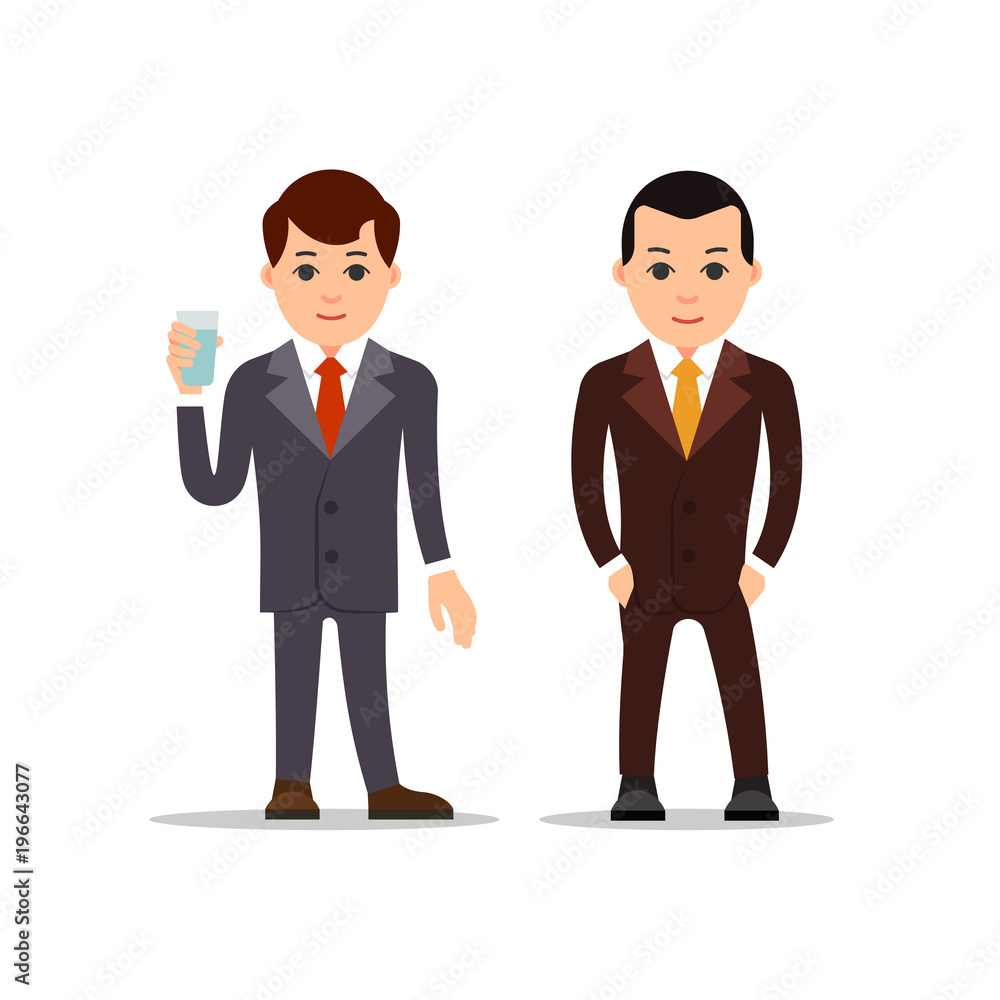 Business man. Businessman stand and holds glass of water in hand. Second businessman holds both hands in pockets. Set cartoon illustration isolated on white background in flat style Business man. Businessman stand and holds glass of water in hand. Second businessman holds both hands in pockets. Set cartoon illustration isolated on white background in flat style