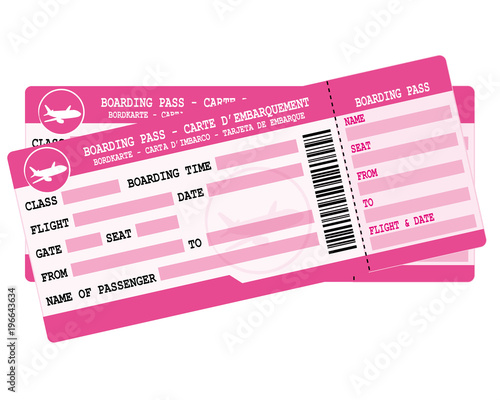Two boarding passes. Pink flight tickets. Vector travel icon.