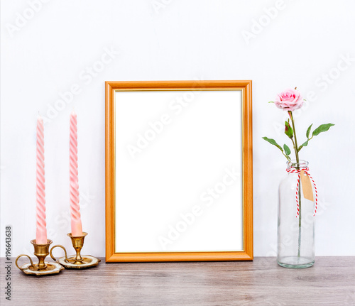 Minimalistic mock up 8x10 with pink candles and rose flower