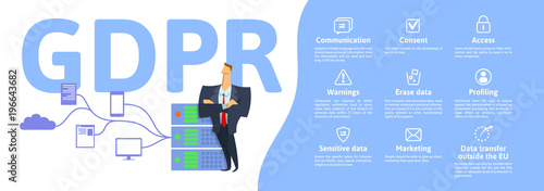 GDPR concept illustration. General Data Protection Regulation. The protection of personal data. Server and security guard. Vector, isolated on white background.