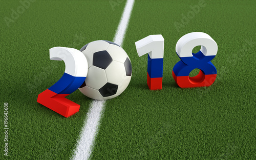 2018 in russian flag colors on a soccer field. A soccer ball representing the 0 in 2018. 3D Rendering © Marius Faust