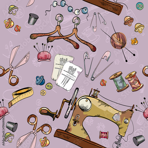 Tailoring tools seamstress fashion designer needlework sewing machine seamless scissors, thread, haberdashery pattern vector. Tailor seamless hand drawn background