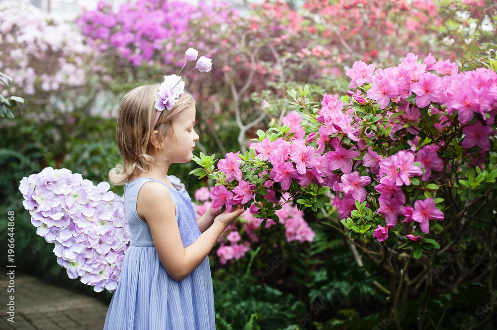 Fototapeta premium girl sniffing flowers of azaleas. flowering azaleas in the park