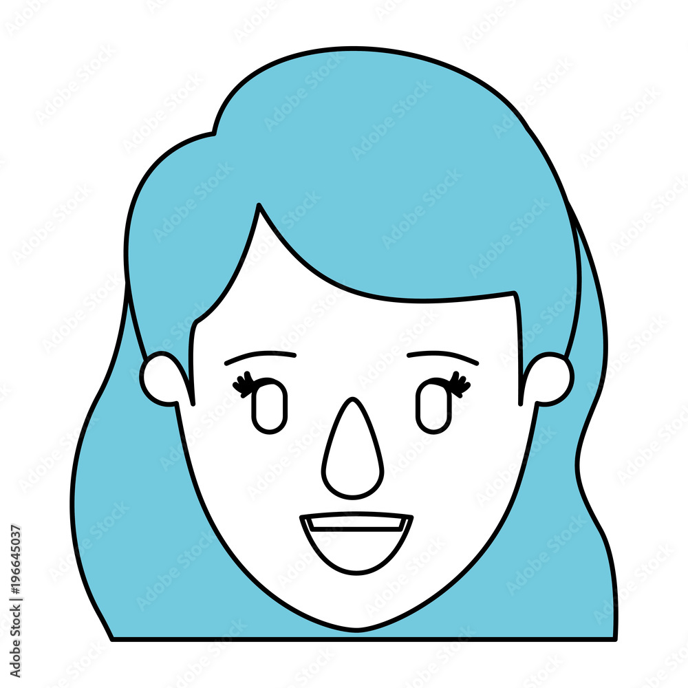 silhouette cartoon front view face closeup woman with blue wavy side hair vector illustration silhouette cartoon front view face closeup woman with blue wavy side hair vector illustration