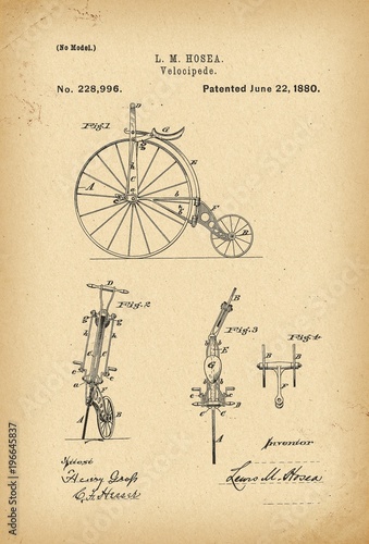 1880 Patent Velocipede Bicycle history  invention photo